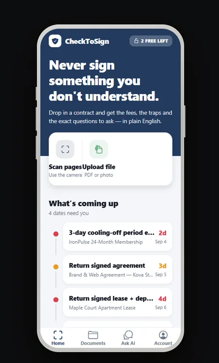 CheckToSign app home screen