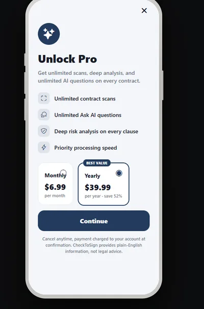 CheckToSign upgrade screen
